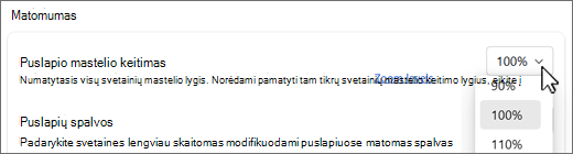 Puslapio mastelio lygių išplečiamoji ekrano nuotrauka.