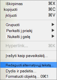 Parinktis Alternatyvusis tekstas programos „PowerPoint“, skirtos „Mac“ kontekstiniame meniu