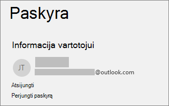 „Office“ paketui „Windows“ įrenginio „backstage“ rodinyje rodoma atsijungimo parinktis