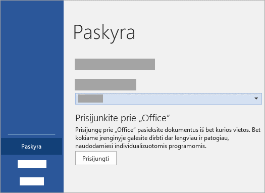 Prisijunkite naudodami „„Microsoft““ paskyrą arba „Office 365“ darbo arba mokymo įstaigos paskyrą.