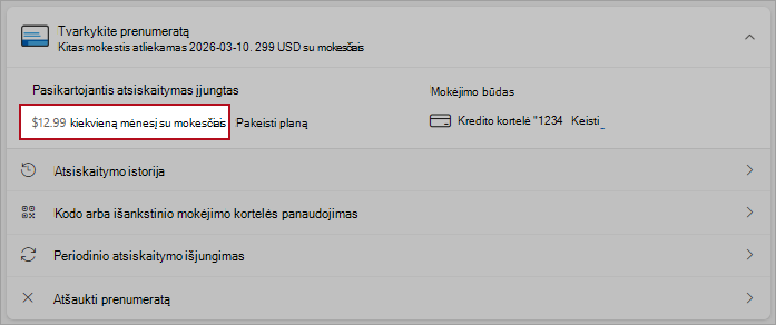 Ekrano kopija, kurioje rodoma išsami plano keitimo parinkties dalyje Periodinio atsiskaitymo parinktys.