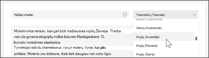 Ekrano kopija, kurioje rodomas kalbos pasirinkimo išplečiamasis sąrašas