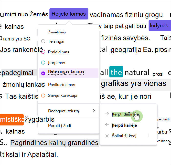 Skaitymo eigos peržiūros srities nuotrauka, kurioje rodoma, kaip įterpti žodžius pasirinkto žodžio dešinėje arba kairėje