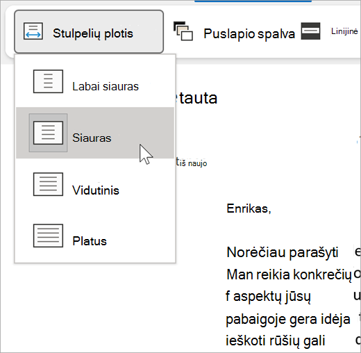Įtraukiančios skaitytuvės stulpelio pločio išplečiamojo sąrašo ekrano kopija, parinktys yra labai siauros, siauros, vidutinės, plačios