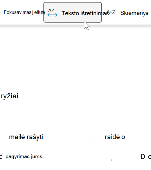 Įtraukiančios skaitytuvės teksto intervalų parinkties ekrano kopija, kad tarp raidžių ir tarp žodžių yra didesnis atstumas