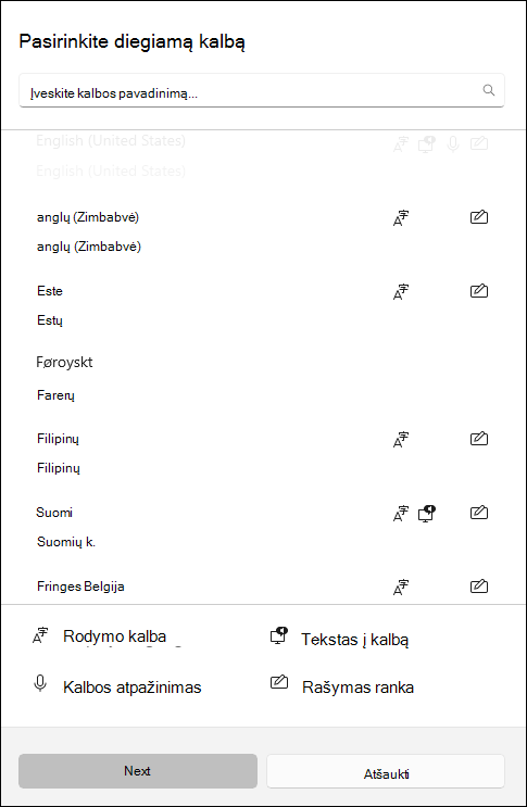 Kalbos paketų, kuriuos galima atsisiųsti 