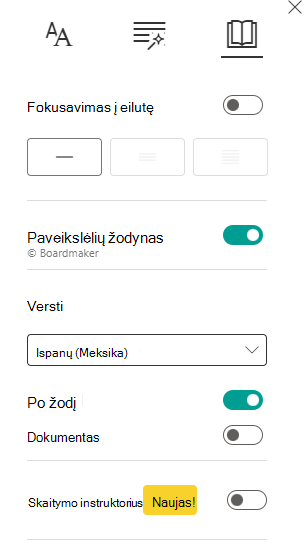 Skaitymo nuostatų ekrano nuotrauka.