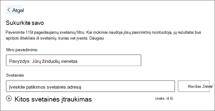 Pasirinktinio filtro kūrimo ekrano kopija. Filtro pavyzdžio pavadinime sakoma jūrų žinduolių vienetas, o žemiau yra atvira vieta įvesti pageidaujamas svetaines.