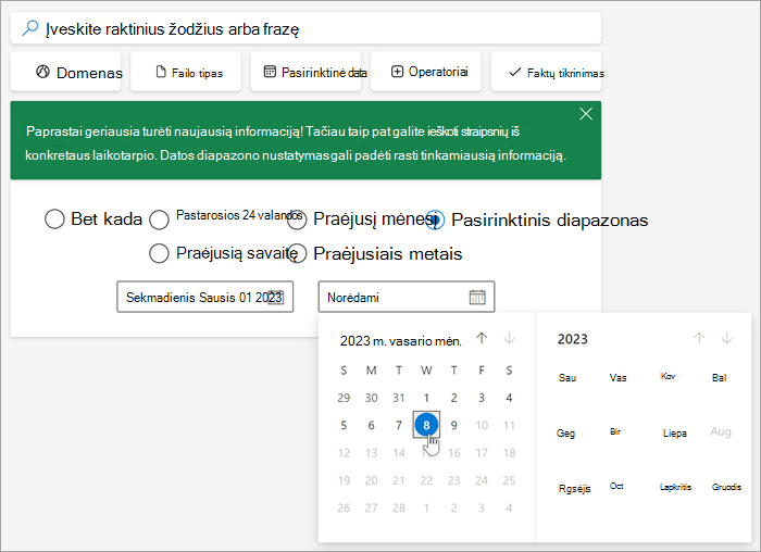 Ekrano nuotrauka, vaizduojanti datos pasirinkimo įrankį pasirinkus pasirinktinį diapazoną.