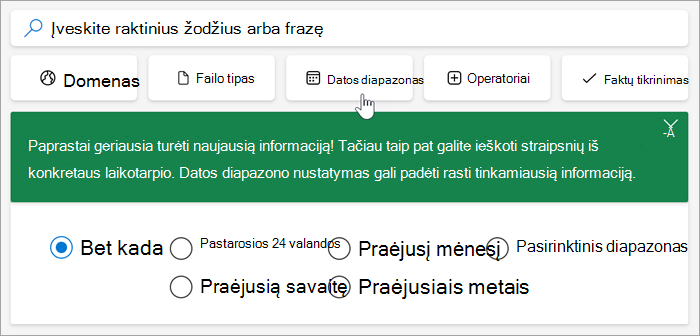 Dienų diapazono parinkčių, pastarosios 24 valandos, praėjusi savaitė, praėjęs mėnuo, praėję metai, pasirinktinis diapazonas, ekrano nuotrauka.