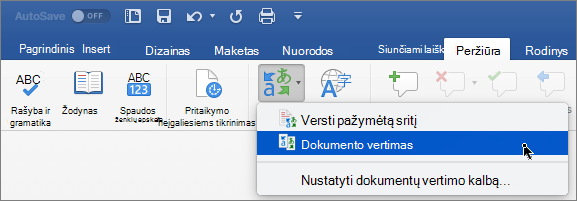 Peržiūros skirtukas su paryškinta dokumento vertimo parinktimi