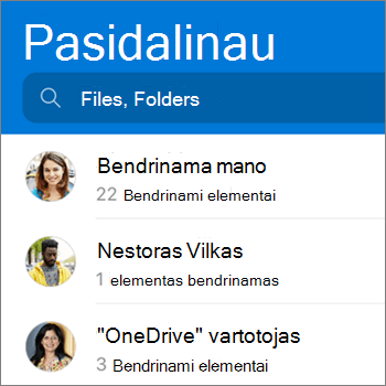 Bendrinamų failų rodinys „„OneDrive““ programėlėje, skirtoje „Android“
