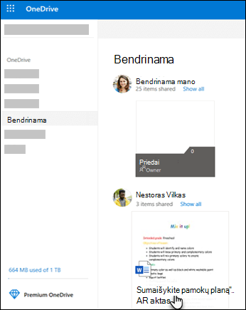 „„OneDrive““ bendrinami aplankai