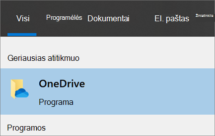 „„OneDrive““ kompiuterio programos ieškos sistemoje „Windows 10“ ekrano kopija