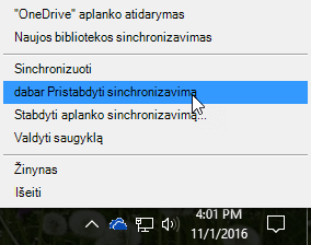 Ankstesnio „„OneDrive“ verslui“ meniu su pasirinkta parinktimi Pristabdyti sinchronizavimą ekrano vaizdas.