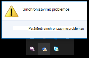 Sinchronizavimo problemų pradinis dialogo langas, pateikiamas spustelėjus debesies piktogramą