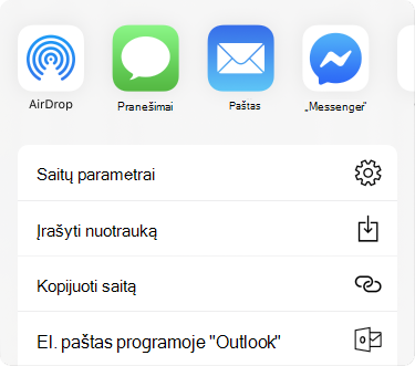 Bendrinimo meniu su programomis viršuje ir bendrinimo parinkčių sąrašas žemiau.