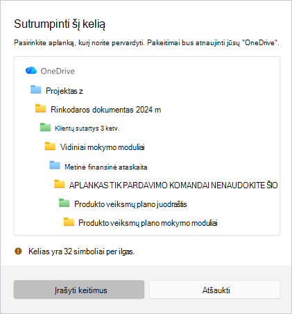 Ekrano kopija, kurioje rodomas pranešimas sutrumpinti pasirinktą failo vardą.