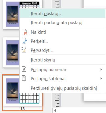 Norėdami įterpti puslapį, dešiniuoju pelės mygtuku spustelėkite puslapį srityje Puslapio naršymas.