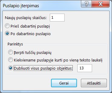 Dialogo langas, skirtas „Publisher“ puslapiui įterpti