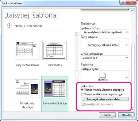 Vieta kalendoriaus datoms keisti arba nustatyti.