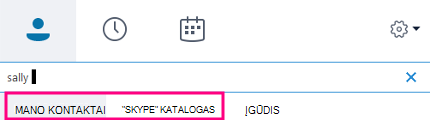 Kai pradedate rinkti tekstą „Skype“ verslui ieškos lauke, apačioje esantys skirtukai pasikeičia į skirtukus Mano kontaktai ir „Skype“ katalogas.