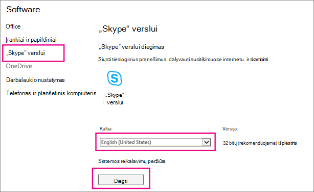 Pirmajame „Skype“ sąrankos vediklio puslapyje pasirinkite kalbą.