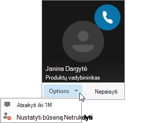 Ekrano nuotrauka, vaizduojanti pranešimą apie skambutį su atidarytu meniu Parinktys.