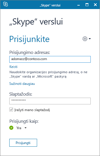 Ekrano nuotrauka, vaizduojanti prisijungimo prie „Skype“ verslui ekraną.