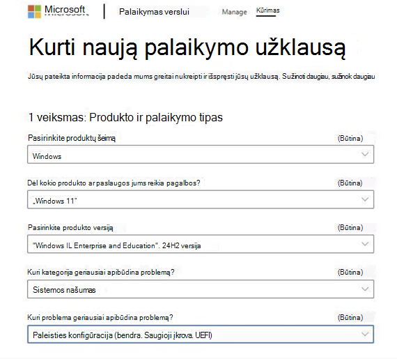 Kurti naują palaikymo užklausą