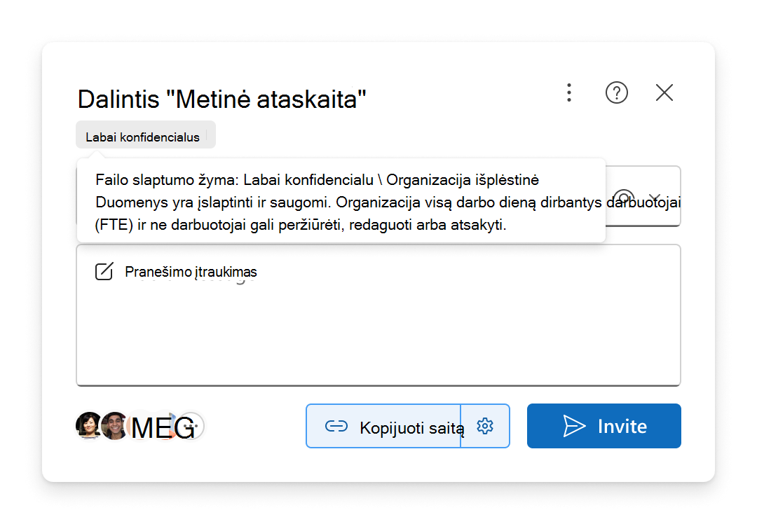 Failo slaptumo žyma rodoma bendrinimo procese