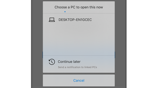 Ekrano kopija, kurioje rodoma funkcija Pasirinkti kompiuterį naršyklėje „Microsoft Edge“ naudojant „iOS“, kad vartotojas galėtų atidaryti tinklalapį savo kompiuteryje.