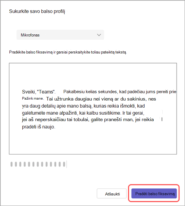 Dialogo lango Sukurkite balso profilį su pažymėtu mygtuku Pradėti balso įrašymą ekrano kopija.