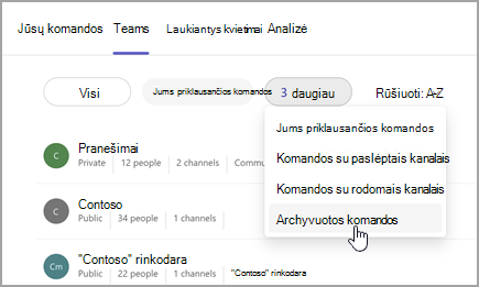 Puslapio Jūsų komandos su galimybe peržiūrėti suarchyvuotas komandas ekrano kopija. Norėdami pasirinkti suarchyvuotas komandas, šalia 