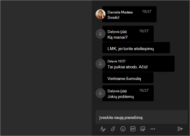 Ekrano kopija, kurioje rodomas dalyvių rodinys, kai vardai yra paslėpti 