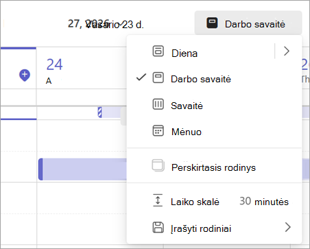 Išplečiamojo meniu, kuriame rodomi skirtingi kalendoriaus rodiniai programoje 