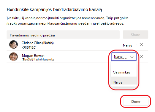 Ekrano kopija, kurioje rodoma, kaip pakeisti kanalo narį į kanalo savininką