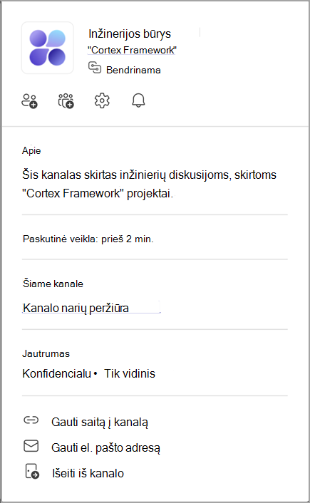 Kanalo kortelės ekrano kopija. Nukreipkite žymiklį į kanalo pavadinimą, kad peržiūrėtumėte jo kanalo kortelę.