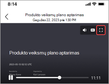 Bakstelėkite viso ekrano piktogramą, kad susitikimo įrašas būtų rodomas visame ekrane.