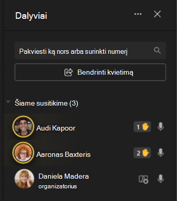 Vaizdas, kuriame rodomi dalyviai ekrano kairėje su rankos pakėlimo piktogramomis.
