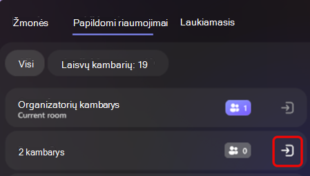 Ekrano kopija, kurioje matoma, kaip įtraukiančio įvykio organizatoriai gali keisti kambarius.