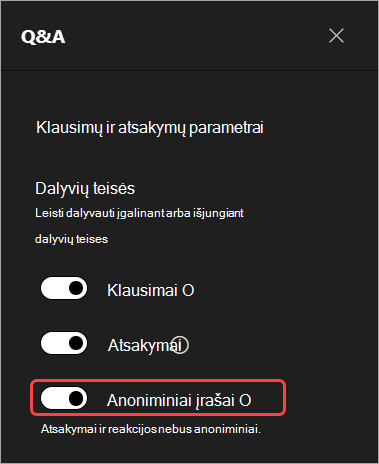 Ekrano nuotrauka, kurioje paryškinta vartotojo sąsaja, kad būtų slepiami dalyvių vardai Q&A