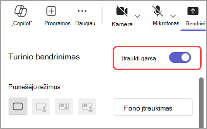 Įjunkite perjungiklį Įtraukti garsą, kad galėtumėte bendrinti garsą iš bendrinamo lango.