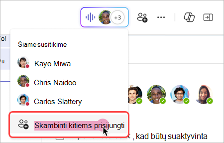 Ekrano kopija, kurioje rodoma, kaip paskambinti kitiems iš tiesioginio indikatoriaus grupės pokalbio tiesioginiame susitikime.