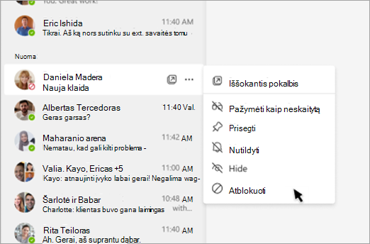 Ekrano kopija, rodanti, kaip atblokuoti ką nors iš pokalbių srities