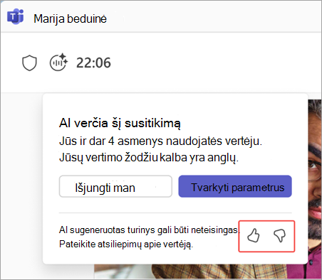 Ekrano nuotrauka su paryškintais vertėjo atsiliepimų mygtukais.