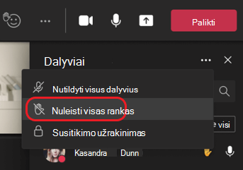 Meniu parinktis Nuleisti visas rankas