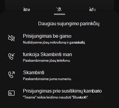 Išankstinio prisijungimo mobiliajame susitikime ekrane pasirinkite garso šaltinį.