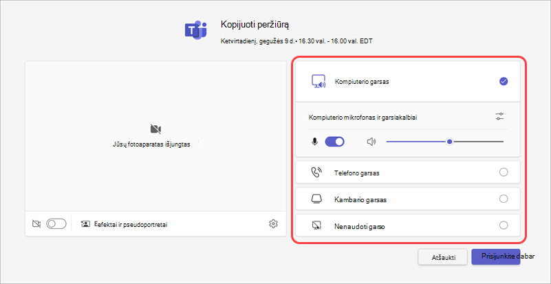 Išankstiniame prisijungimo ekrane pasirinkite susitikimo garso šaltinį.