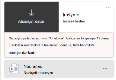 Ekrano kopija, kurioje vaizduojamas įrašymo chiclet, nurodantis, kad įrašo nusiųsti nepavyko.